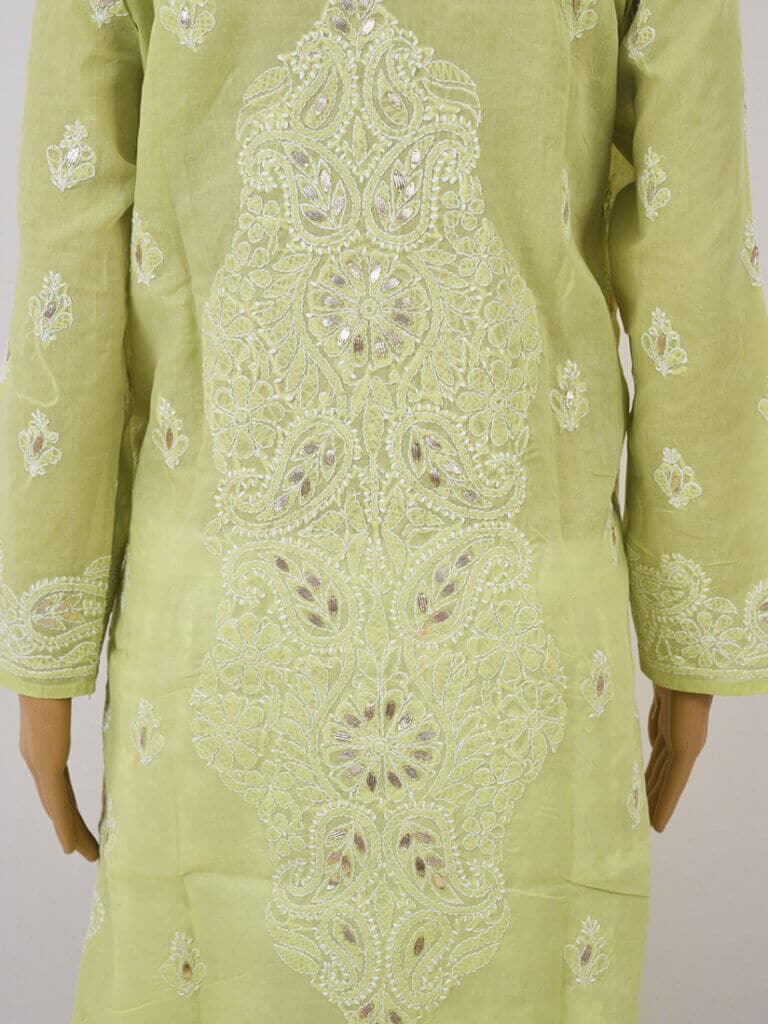 Women Green Lucknowi Chikankari Handwork Gala Boti Gotta Patti Kurti - Back Close