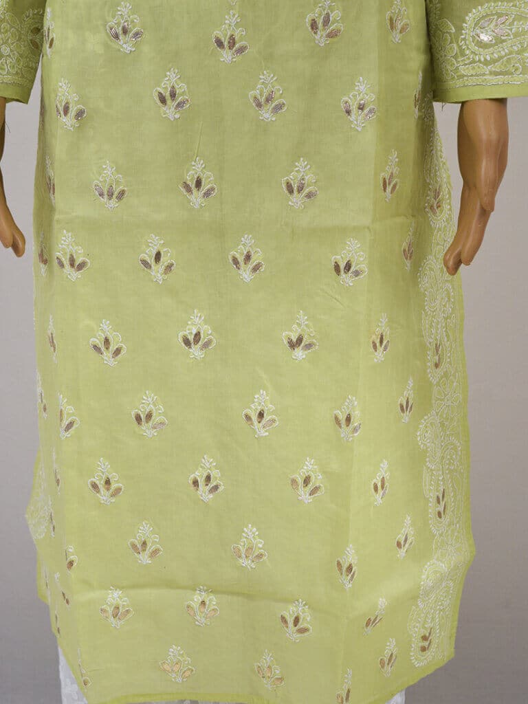 Women Green Lucknowi Chikankari Handwork Gala Boti Gotta Patti Kurti - Front Low