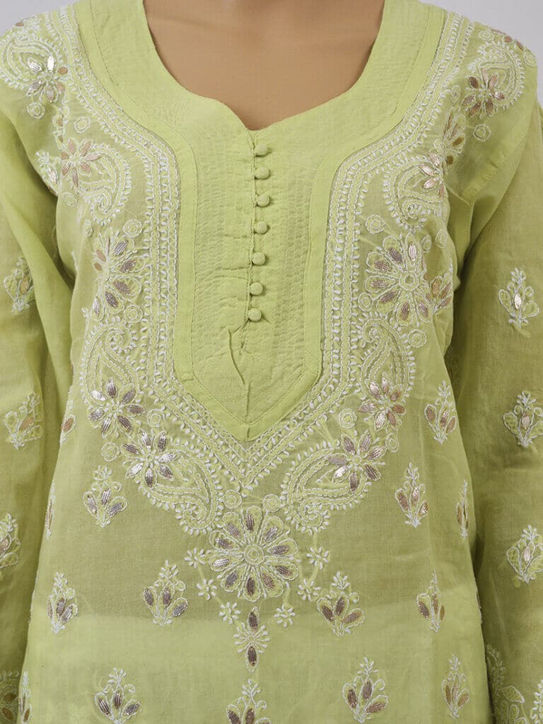 Women Green Lucknowi Chikankari Handwork Gala Boti Gotta Patti Kurti - Front Mid Close