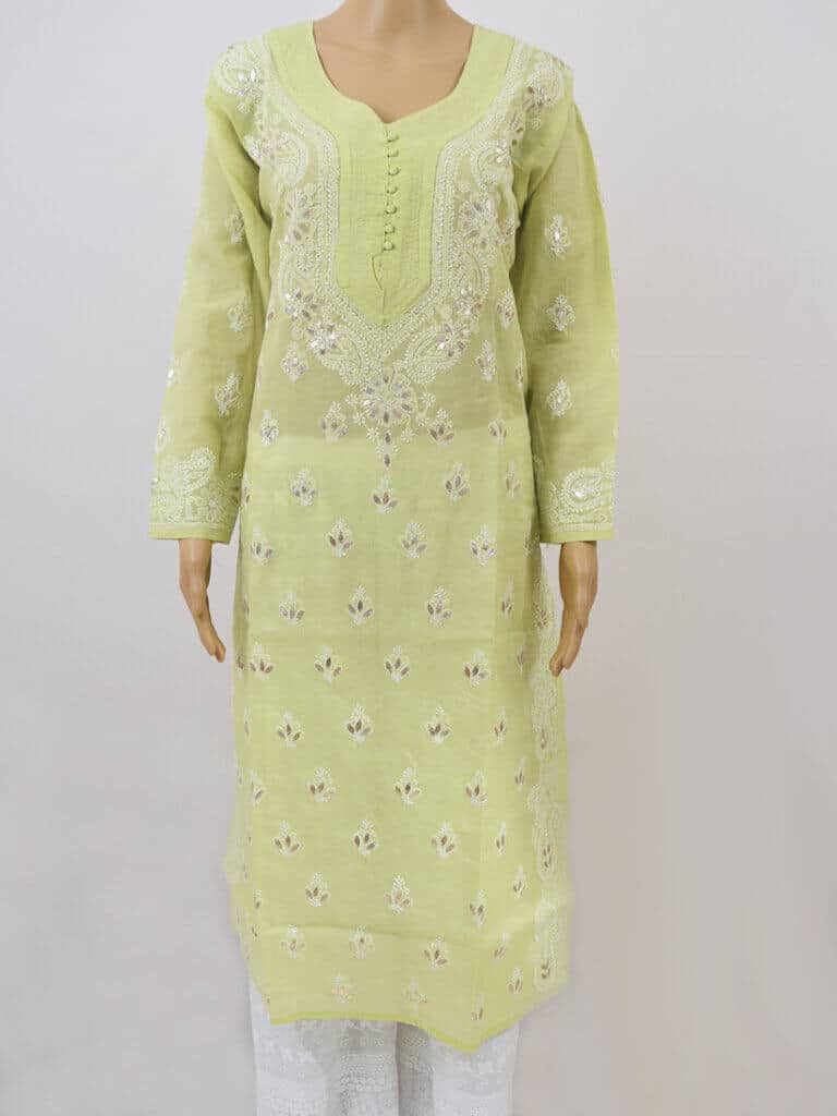 Green & White Gala Boti Gota Patti Lucknowi Chikankari Party Wear Cotton Kurti - Front Full