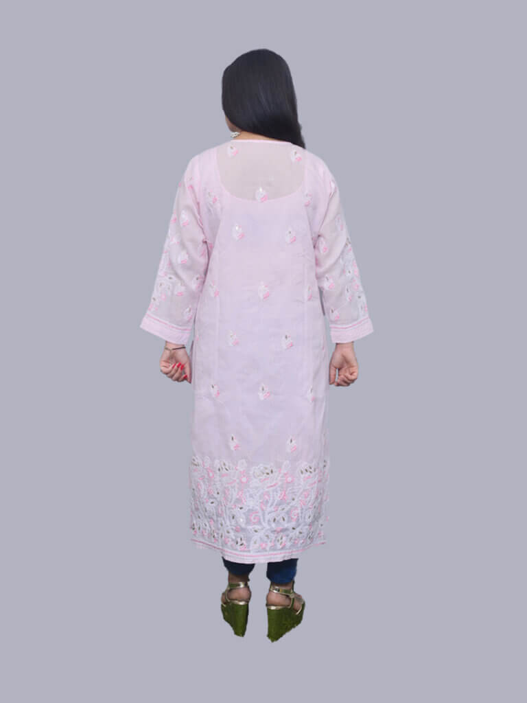 Baby Pink White Gala Boti Lucknowi Chikankari Casual Cotton Kurti - Back Pose