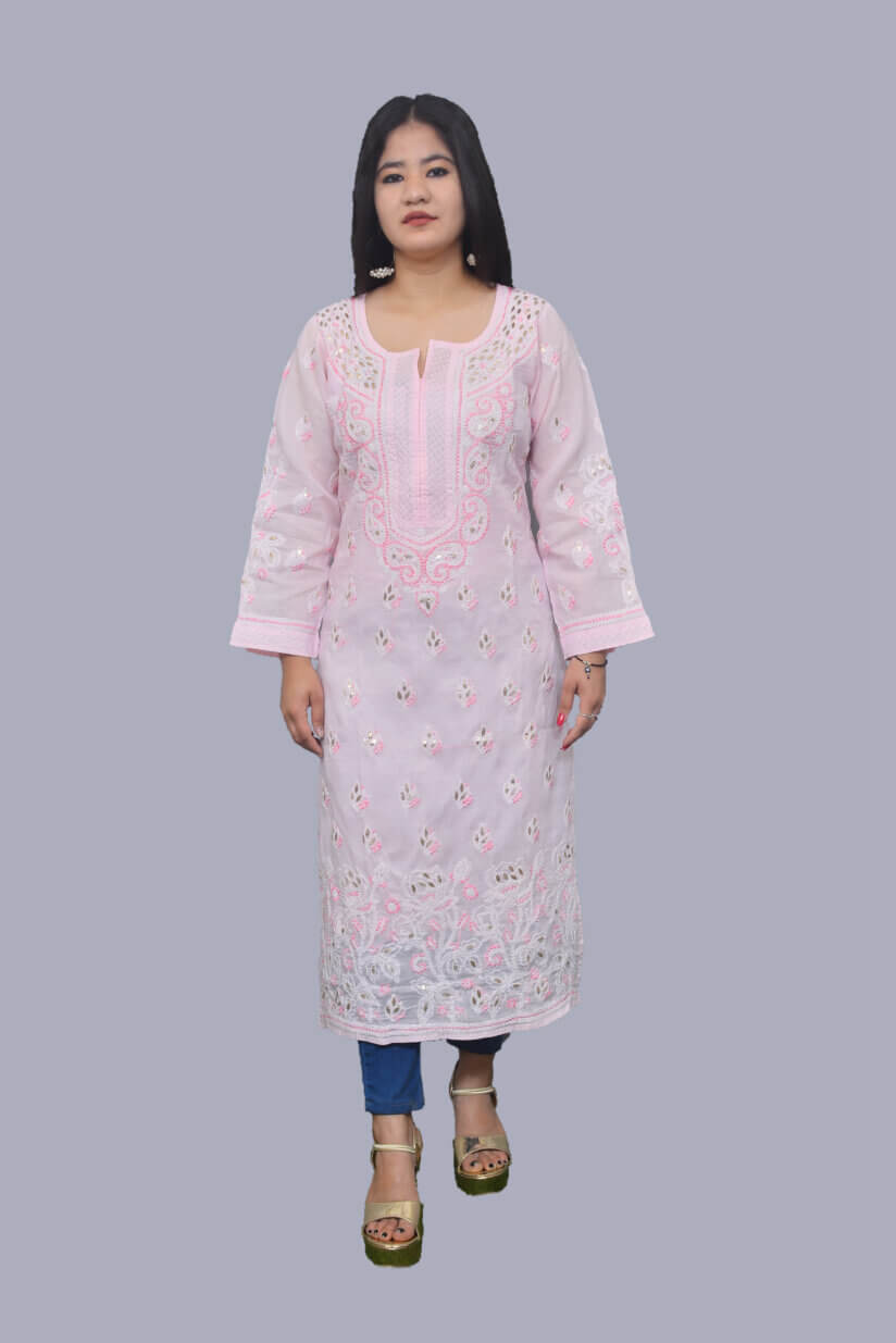 Baby Pink White Gala Boti Lucknowi Chikankari Casual Cotton Kurti - Front Pose