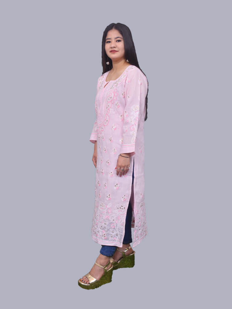 Baby Pink White Gala Boti Lucknowi Chikankari Casual Cotton Kurti - Side Pose