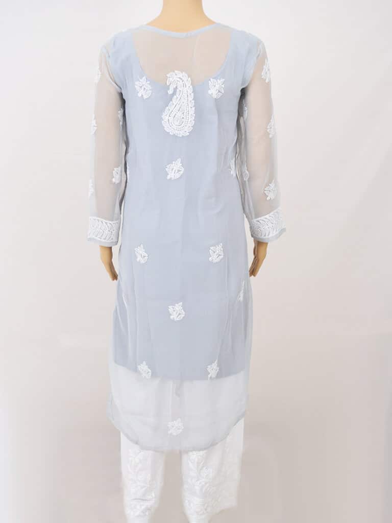 Women Grey Lucknowi Chikankaari Gala Boti Georgette Kurti - Back Full