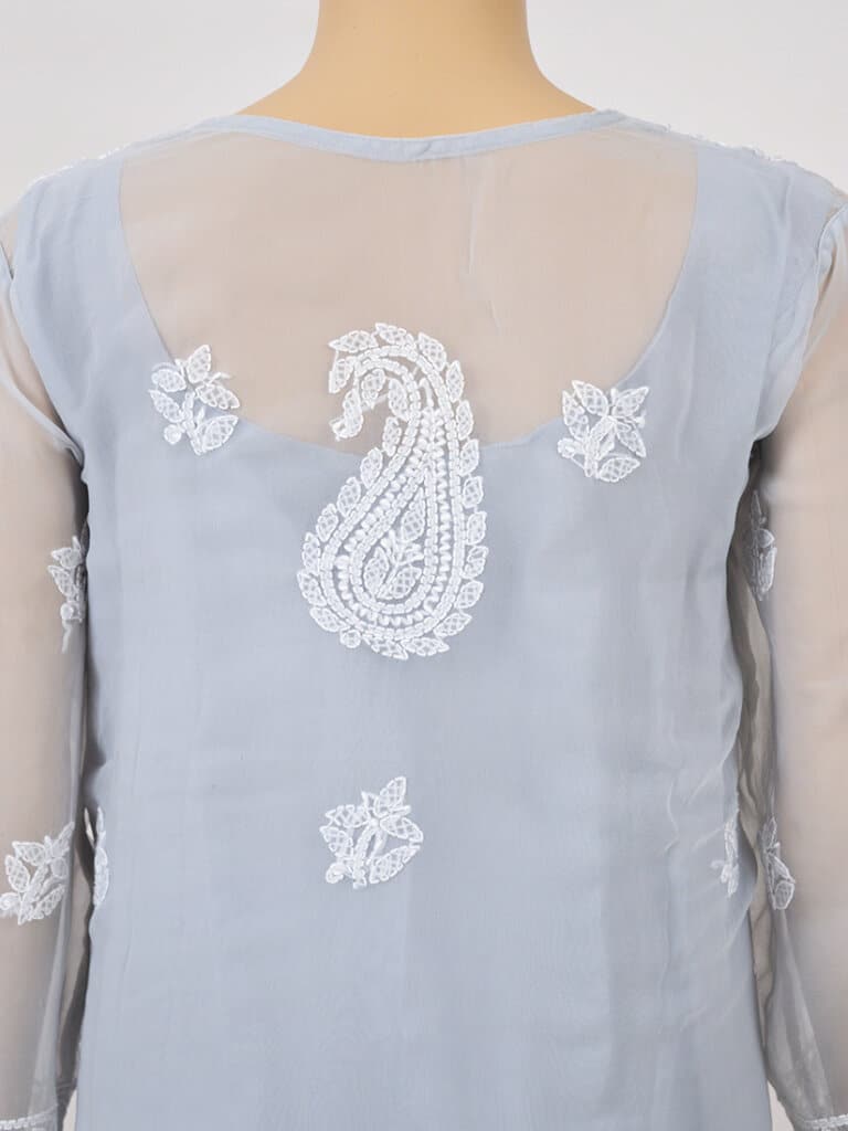 Women Grey Lucknowi Chikankaari Gala Boti Georgette Kurti - Back Close