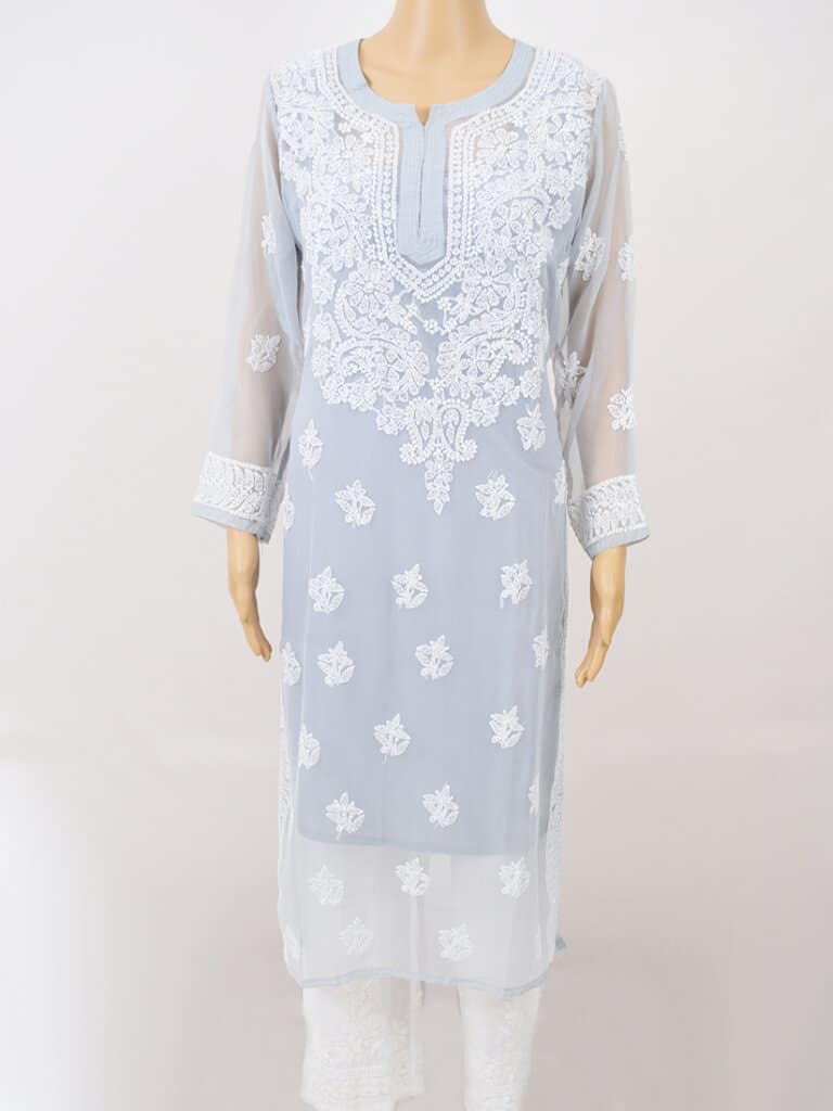 grey-gala-boti-lucknowi-chikankari-casual-georgette-kurti - Front Full