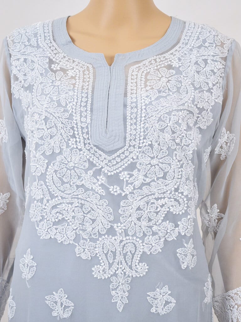 Women Grey Lucknowi Chikankaari Gala Boti Georgette Kurti - Mid Close