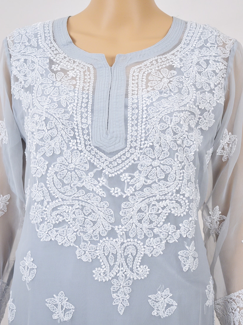 GREY CHIFFON JAAL MIRROR WORK CHIKANKARI LONG KURTI – Awadhkari