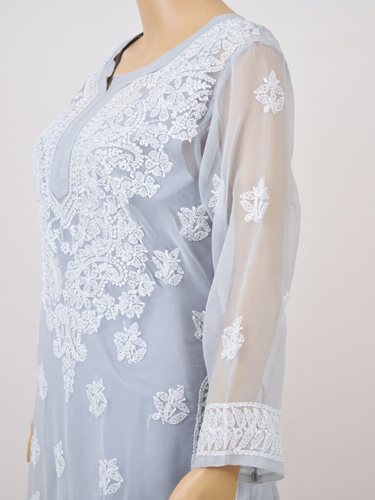 Women Grey Lucknowi Chikankaari Gala Boti Georgette Kurti - Side Close