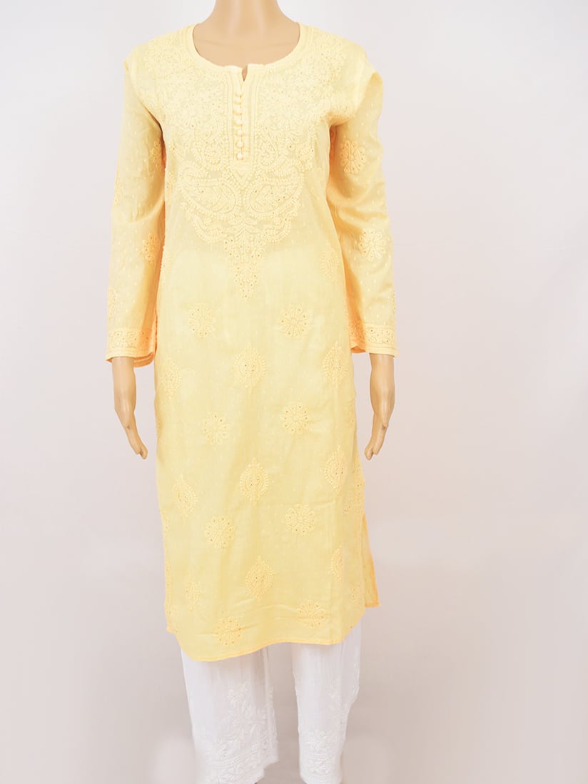 Buy Light Yellow Mukaish Lucknowi Chikankari Party Wear Malmal Cotton Kurti Online at Kiko Clothing