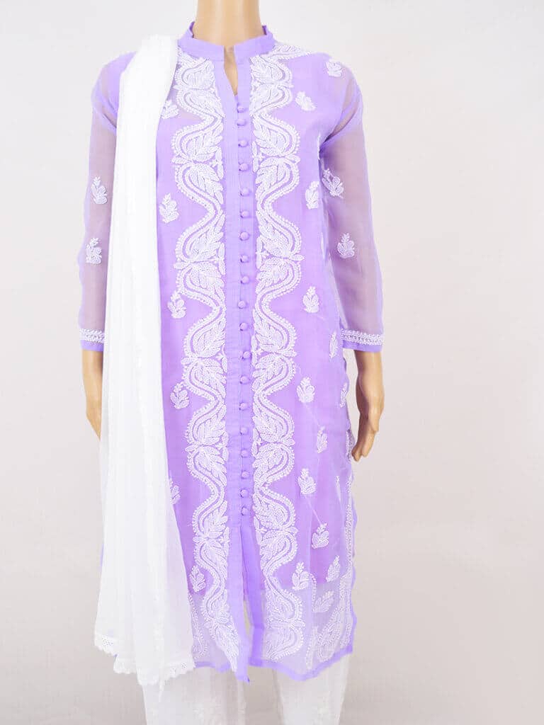 Women Purple Lucknowi Chikankaari Front Button Georgette Kurta - Front Low