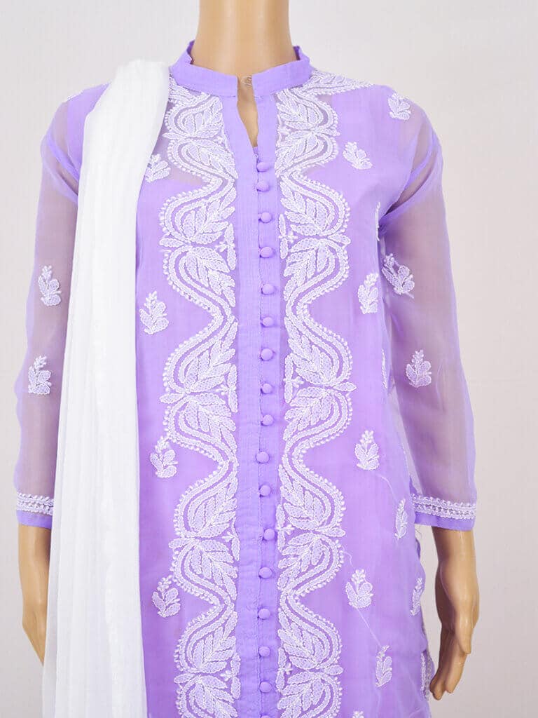 Women Purple Lucknowi Chikankaari Front Button Georgette Kurta - Front Mid Close