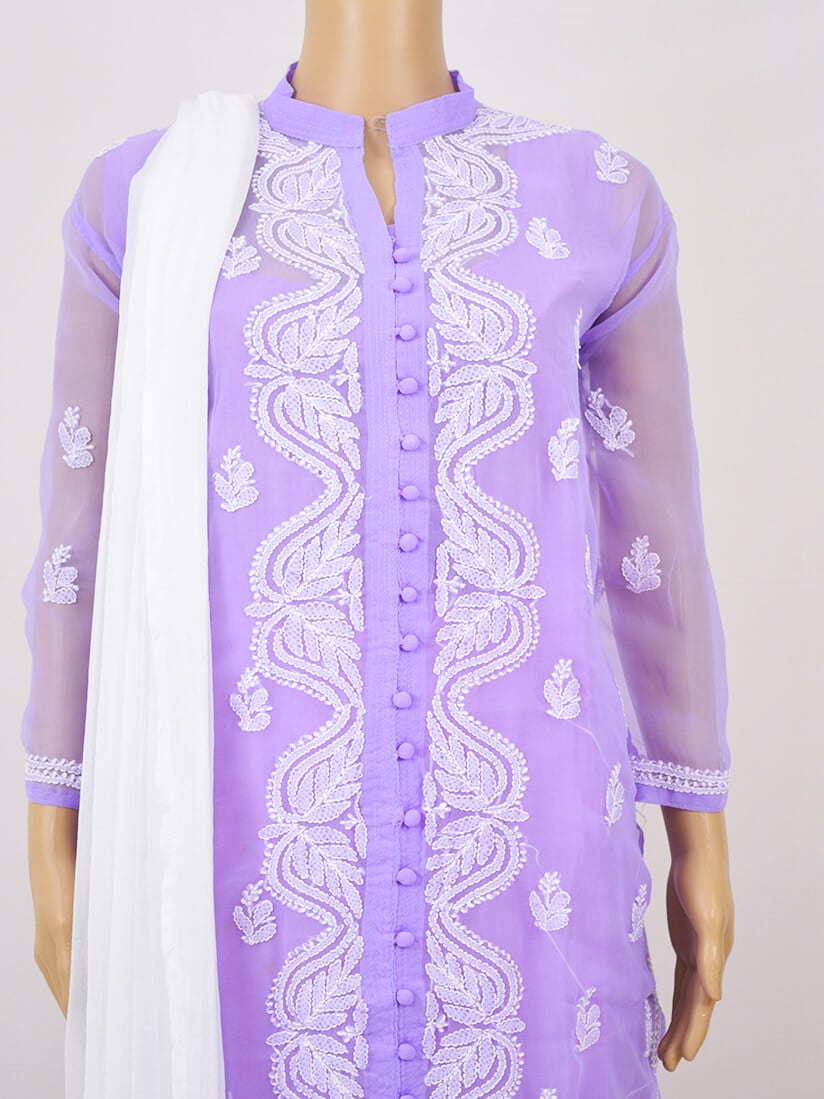 Buy Hand Embroidered Lavender Georgette Lucknowi Chikan Kurti-GA250623 |  www.maanacreation.com