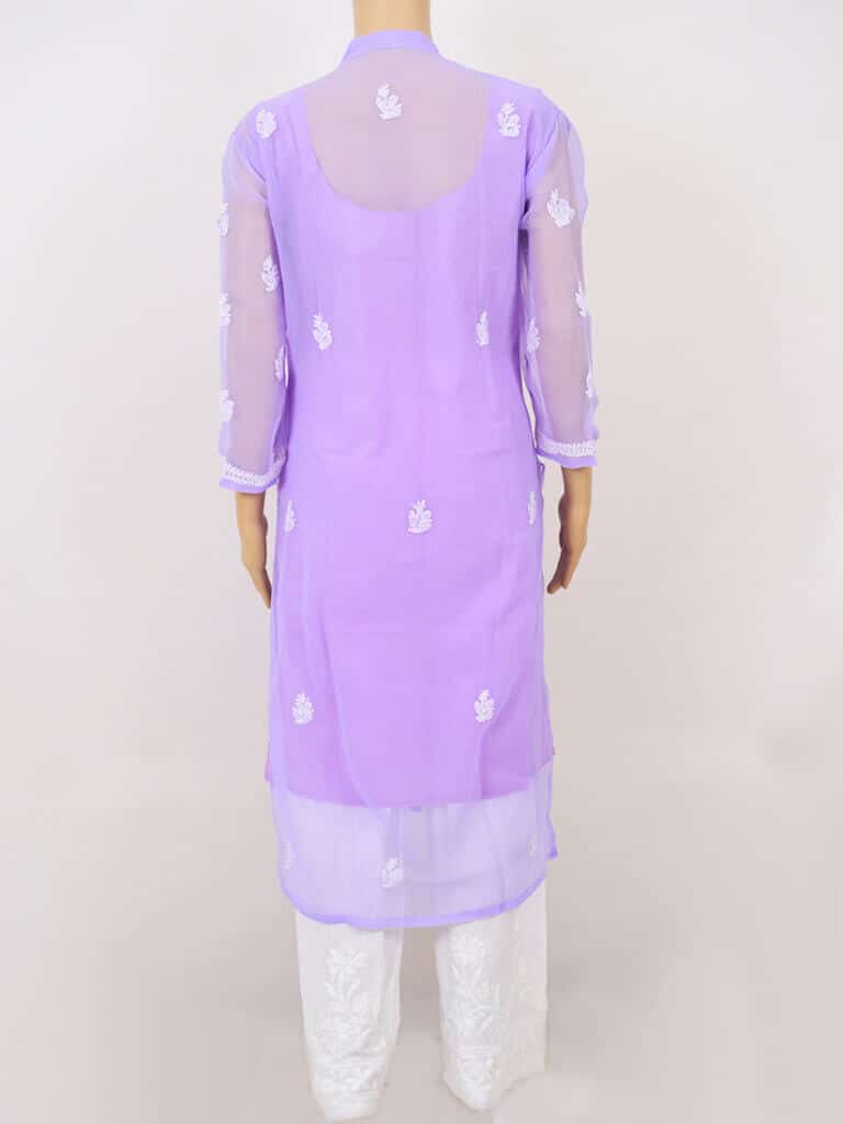 Women Purple Lucknowi Chikankaari Front Button Georgette Kurta - Full Back
