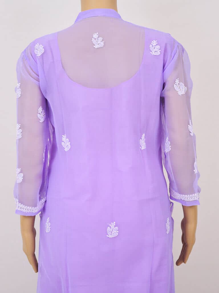 Women Purple Lucknowi Chikankaari Front Button Georgette Kurti - Full Back Close