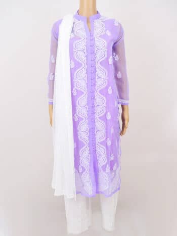 Purple & White Front Button Lucknowi Chikankari Casual Georgette Kurti - Full Front