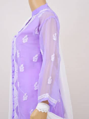 Women Purple Lucknowi Chikankaari Front Button Georgette Kurti - Side Close