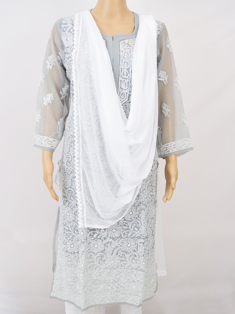 White Chifforn Two Side Kraushiya Lace Duppatta - Front Low