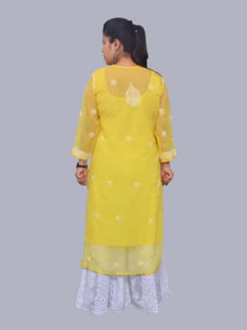 Yellow White Ring Jaal Lucknowi Chikankari Casual Georgette Kurti - Back Pose