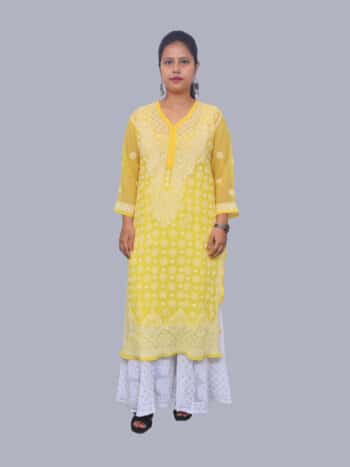 Yellow White Ring Jaal Lucknowi Chikankari Casual Georgette Kurti - Front Pose