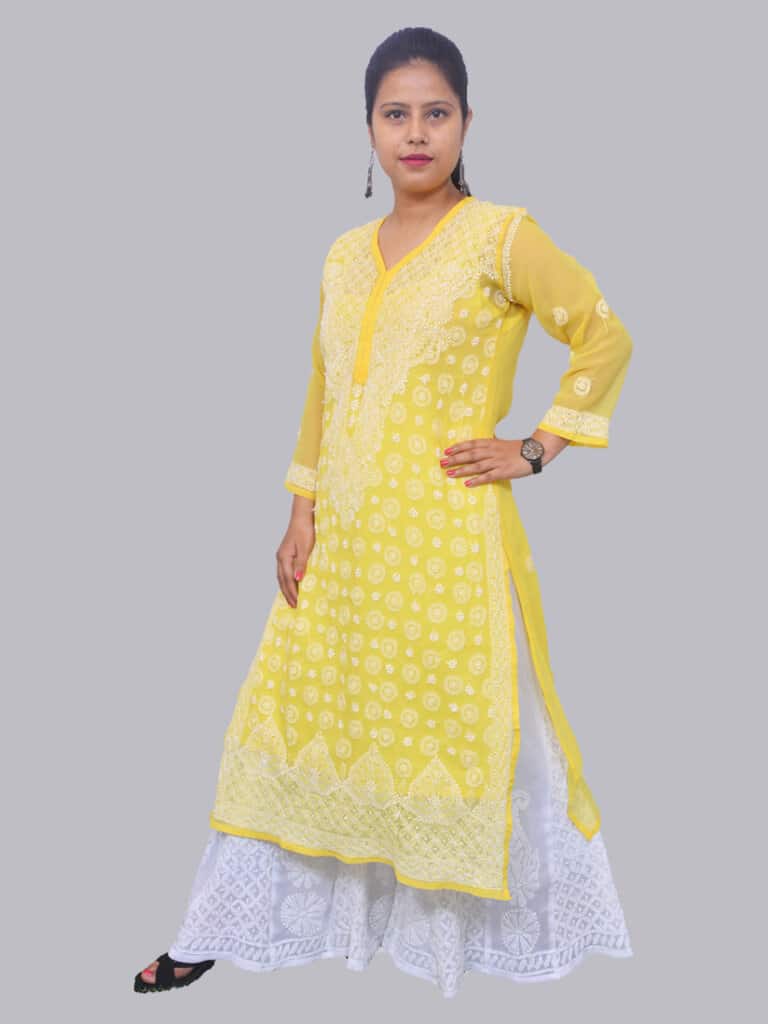 Yellow White Ring Jaal Lucknowi Chikankari Casual Georgette Kurti - Side Pose