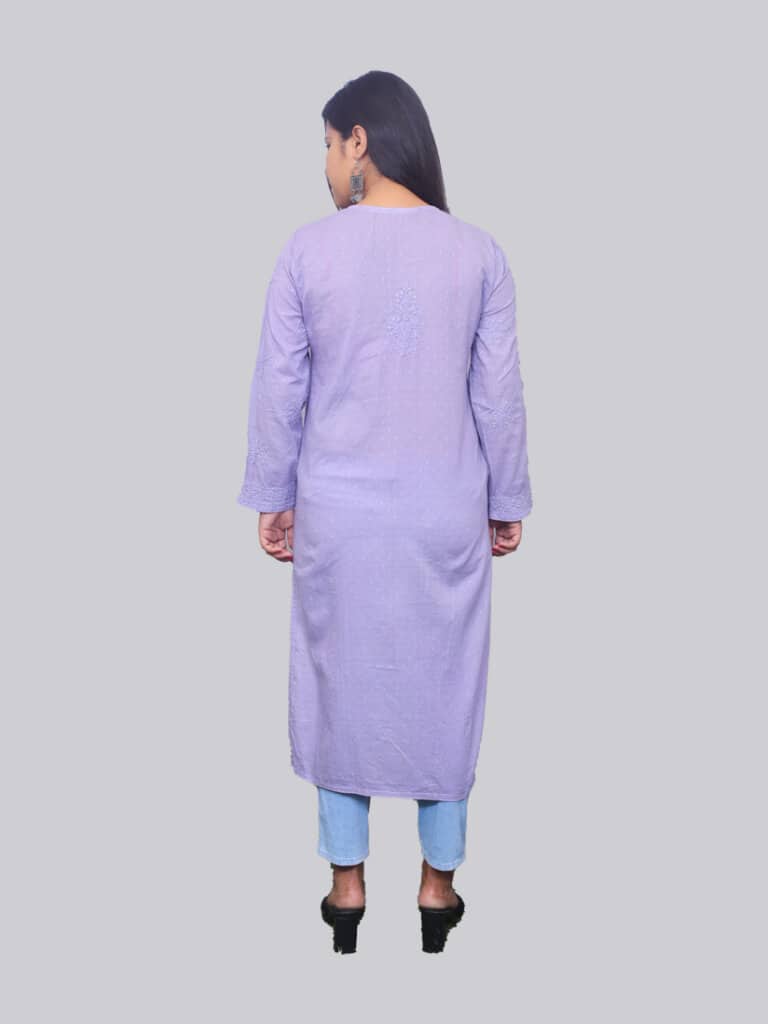 Purple Mukaish Lucknowi Chikankari Party Wear Malmal Cotton Kurti - Back Pose