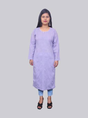 Purple Mukaish Lucknowi Chikankari Party Wear Malmal Cotton Kurti - Front Pose