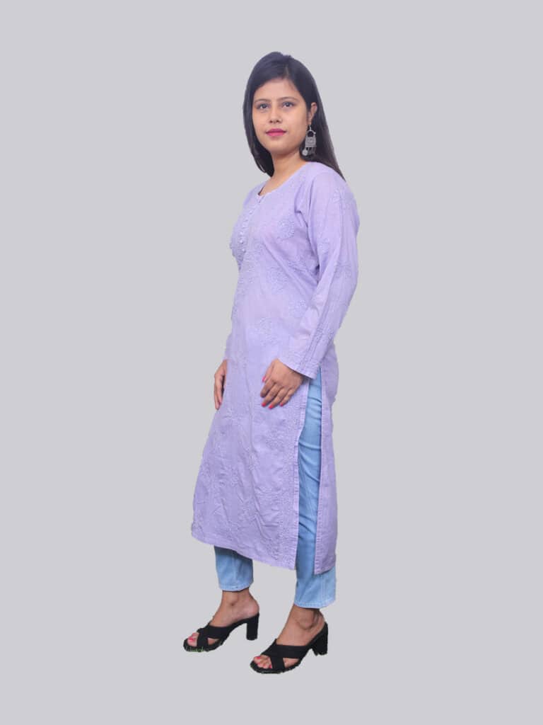 Purple Mukaish Lucknowi Chikankari Party Wear Malmal Cotton Kurti - Side Pose