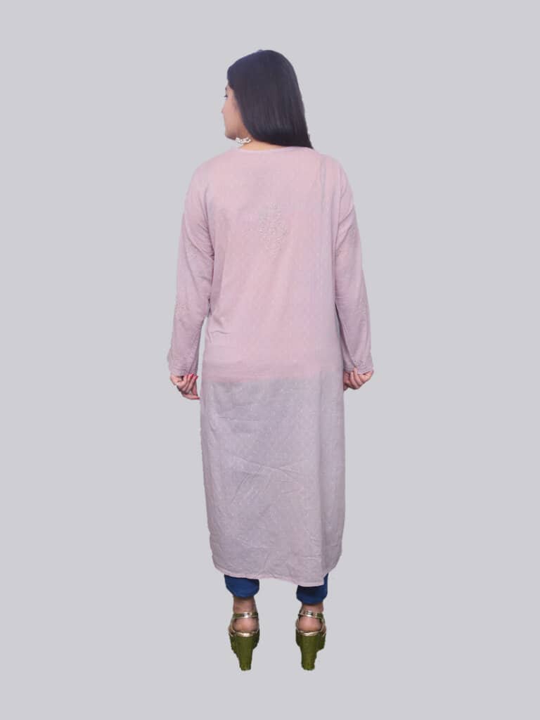 Light Brown Mukaish Lucknowi Chikankari Party Wear Malmal Cotton Kurti - Back Pose