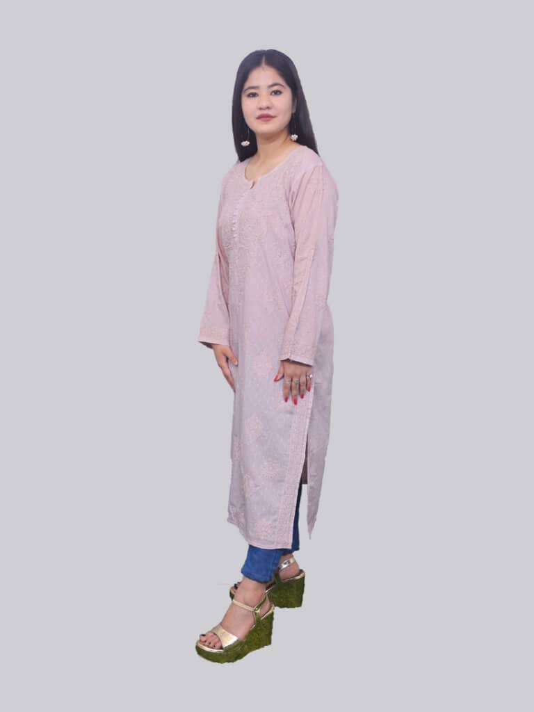 Light Brown Mukaish Lucknowi Chikankari Party Wear Malmal Cotton Kurti - Side Pose