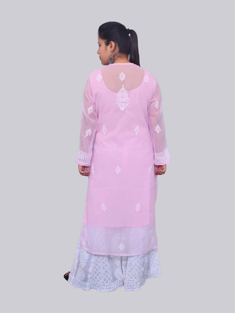 Pink White Gala Boti Lucknowi Chikankari Casual Georgette Kurti - Back Pose