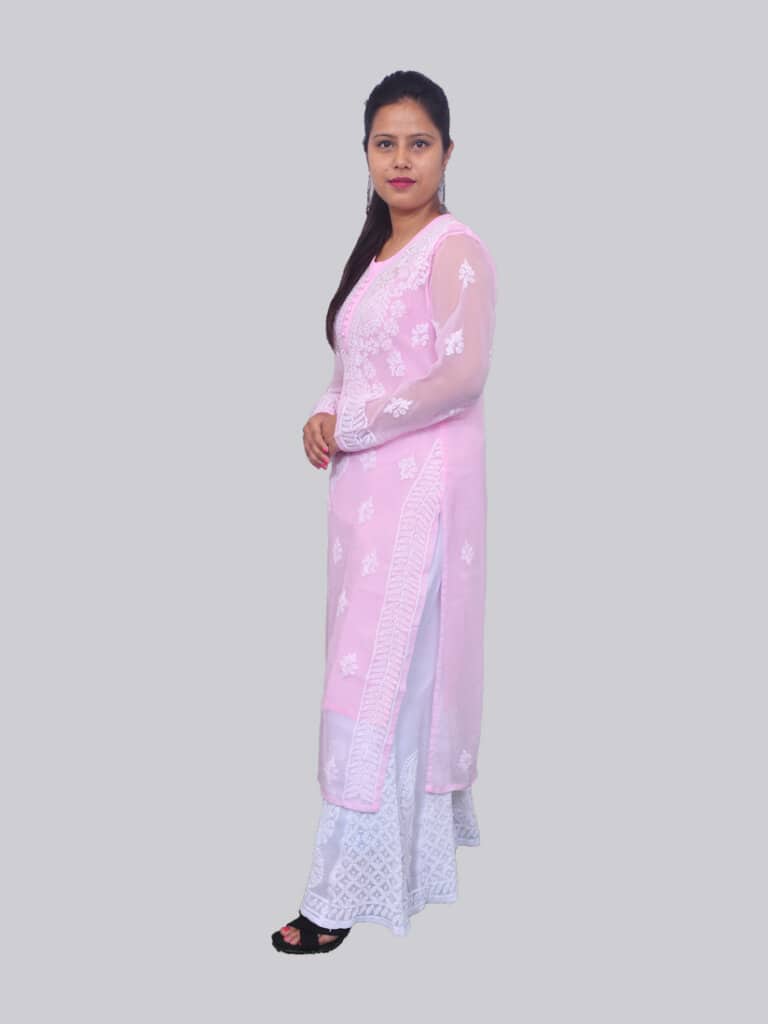 Pink White Gala Boti Lucknowi Chikankari Casual Georgette Kurti - Side Pose