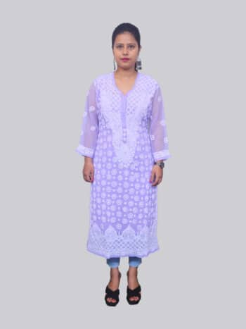 purple white ring jaal lucknowi chikankari casual georgette kurti front pose