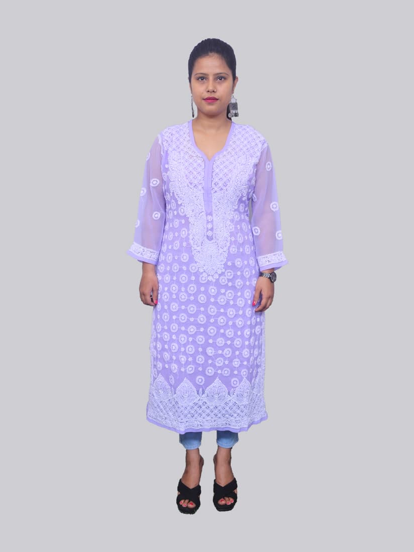 Buy HerClozet Women's Hand Embroidered Lucknowi Chikankari Pure Chanderi Kurta  Kurti(Purple) (Large) at Amazon.in