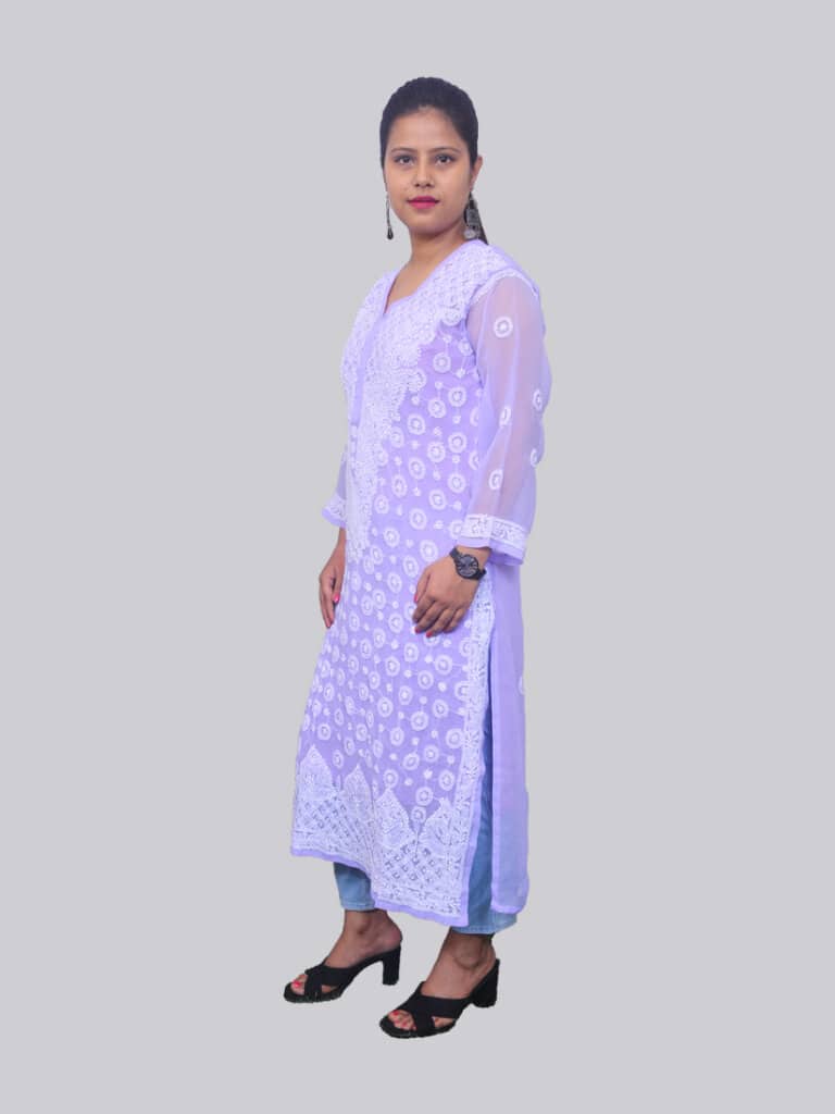 Purple White Ring Jaal Lucknowi Chikankari Casual Georgette Kurti - Side Pose