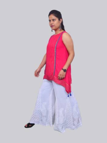 White Flared Lucknowi Chikankari Casual Cotton Sharara With Gotta Work and Attached Lining - Side Pose