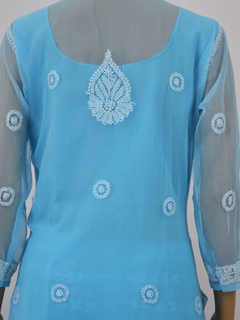 Women Blue Colour Lucknowi Chikankari Ring Jaal Kurti - Back Close