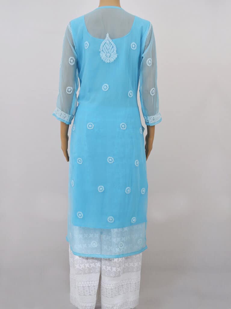 Women Blue Colour Lucknowi Chikankari Ring Jaal Kurti - Back Full