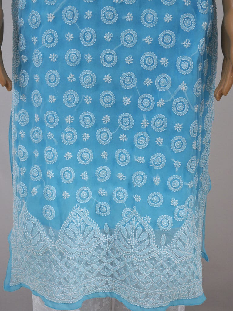 Women Blue Colour Lucknowi Chikankari Ring Jaal Kurti - Front Low