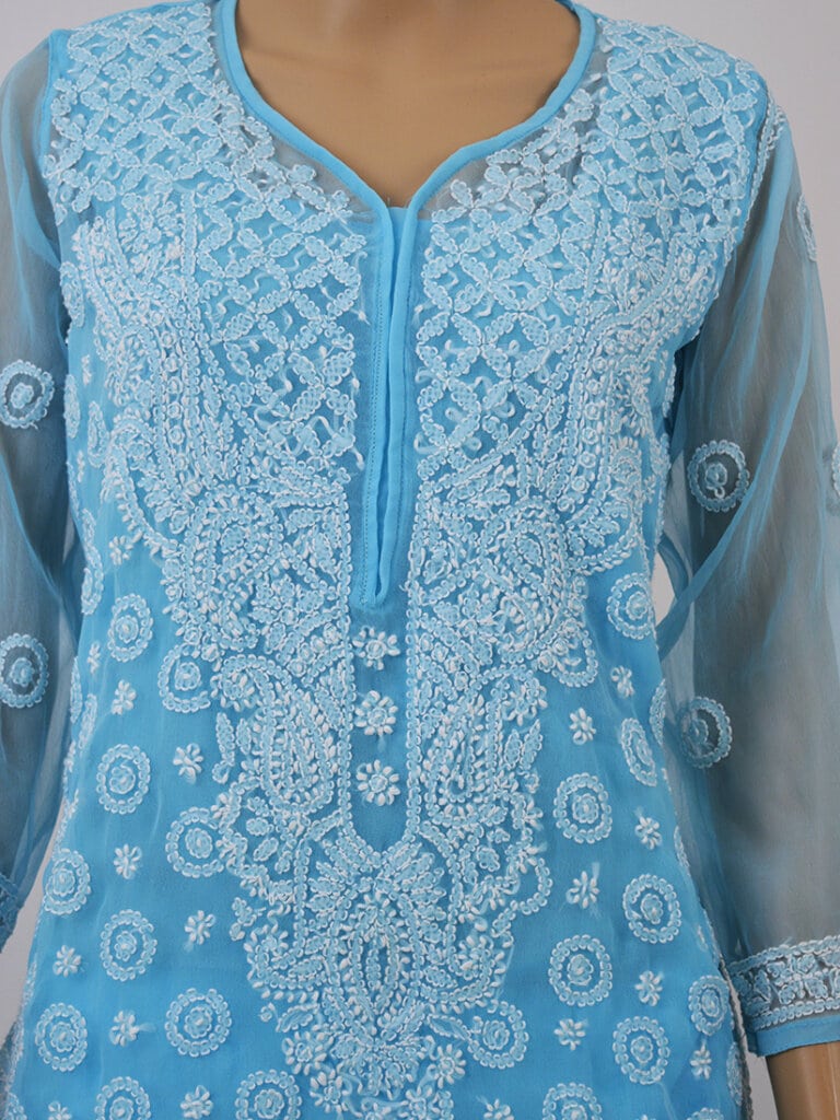 Women Blue Colour Lucknowi Chikankari Ring Jaal Kurti - Mid Close