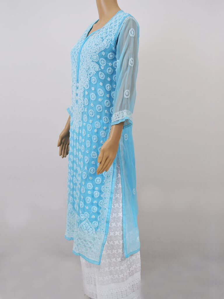 Women Blue Colour Lucknowi Chikankari Ring Jaal Kurti - Side Full