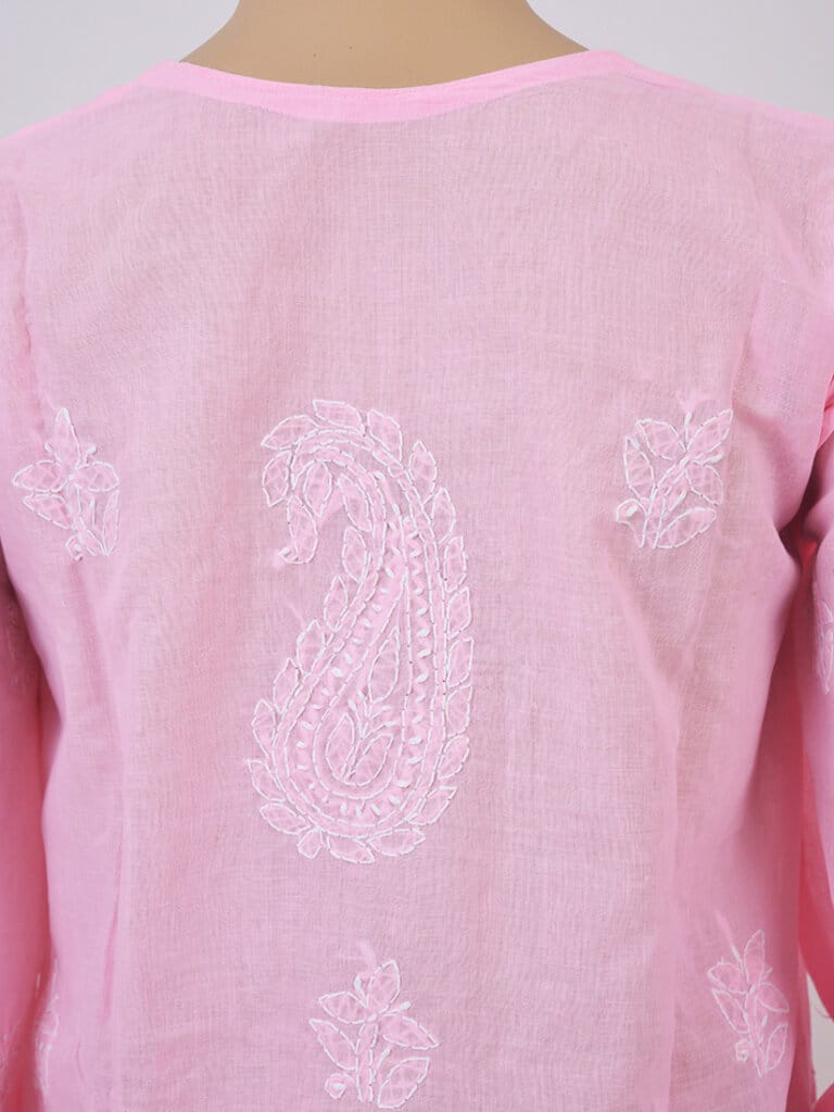 Women Pink And White Chikankari Embroidery Cotton Kurti - Back Close