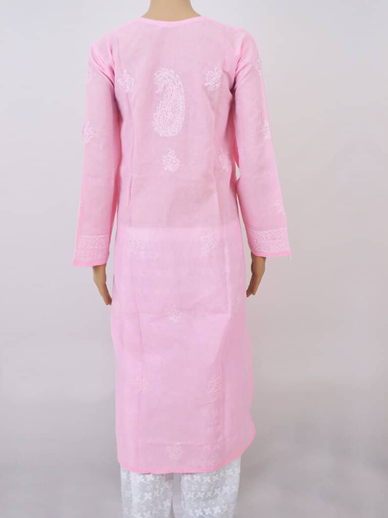 Women Pink And White Chikankari Embroidery Cotton Kurti - Back Full