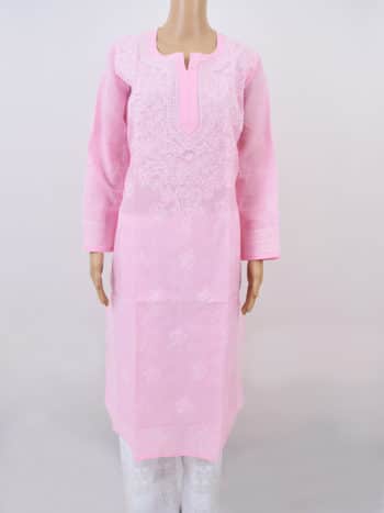 Pink & White Gala Boti Lucknowi Chikankari Casual Cotton Kurti - Front Full