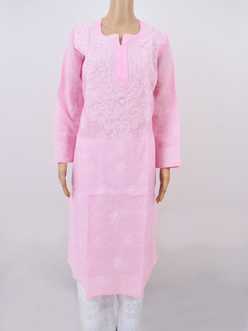Buy Baby Pink Metallic Padded Pure Crepe Kurti with Baby Pink Cotton Silk  Pants and Baby Pink Pure Organza Ruffle Stole Kurti Set Online in India |  Silk kurti designs, Long kurti