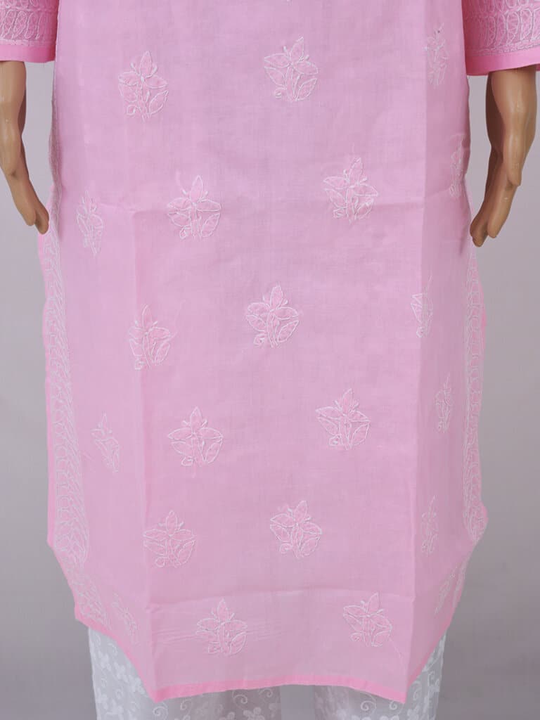 Women Pink And White Chikankari Embroidery Cotton Kurti - Front Low