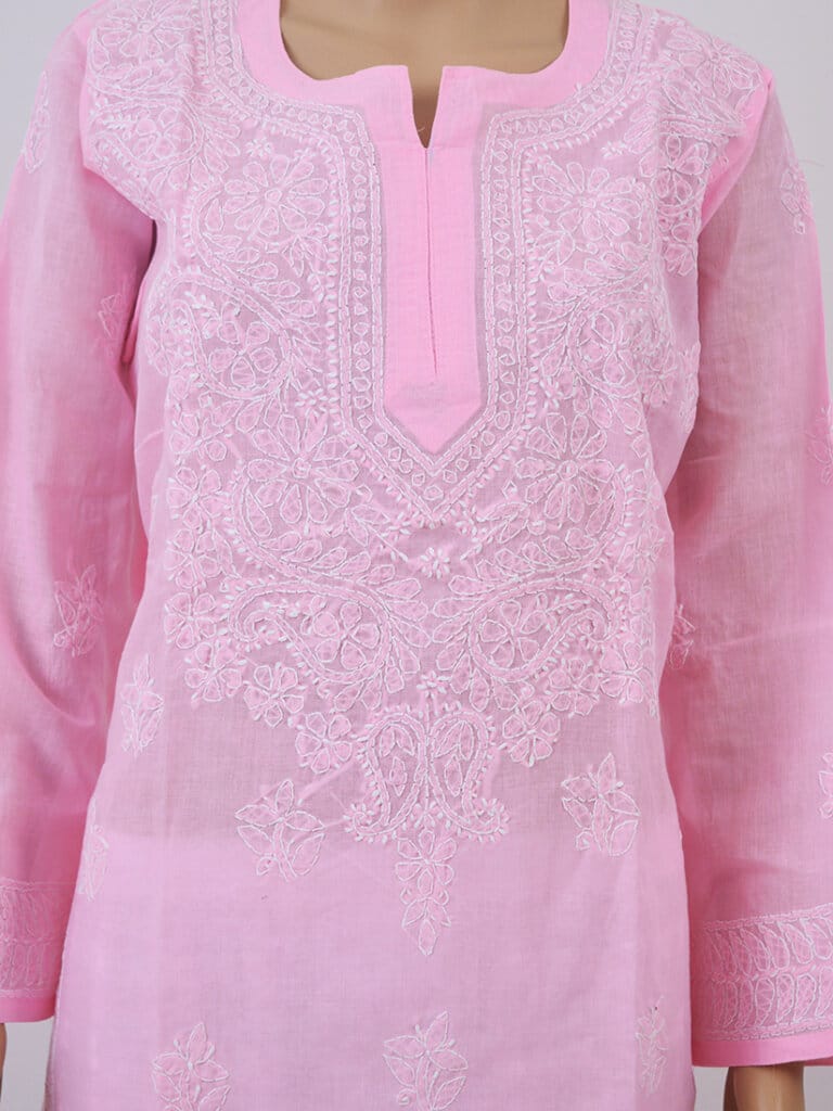 Women Pink And White Chikankari Embroidery Cotton Kurti - Front Mid Close