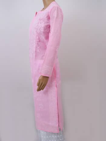 Women Pink And White Chikankari Embroidery Cotton Kurti - Side Full