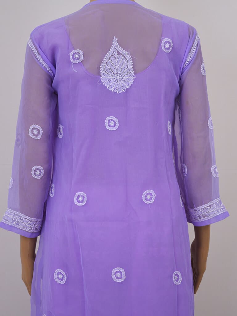 Women Purple Colour Lucknowi Chikankari Ring Jaal Kurti - Back Close