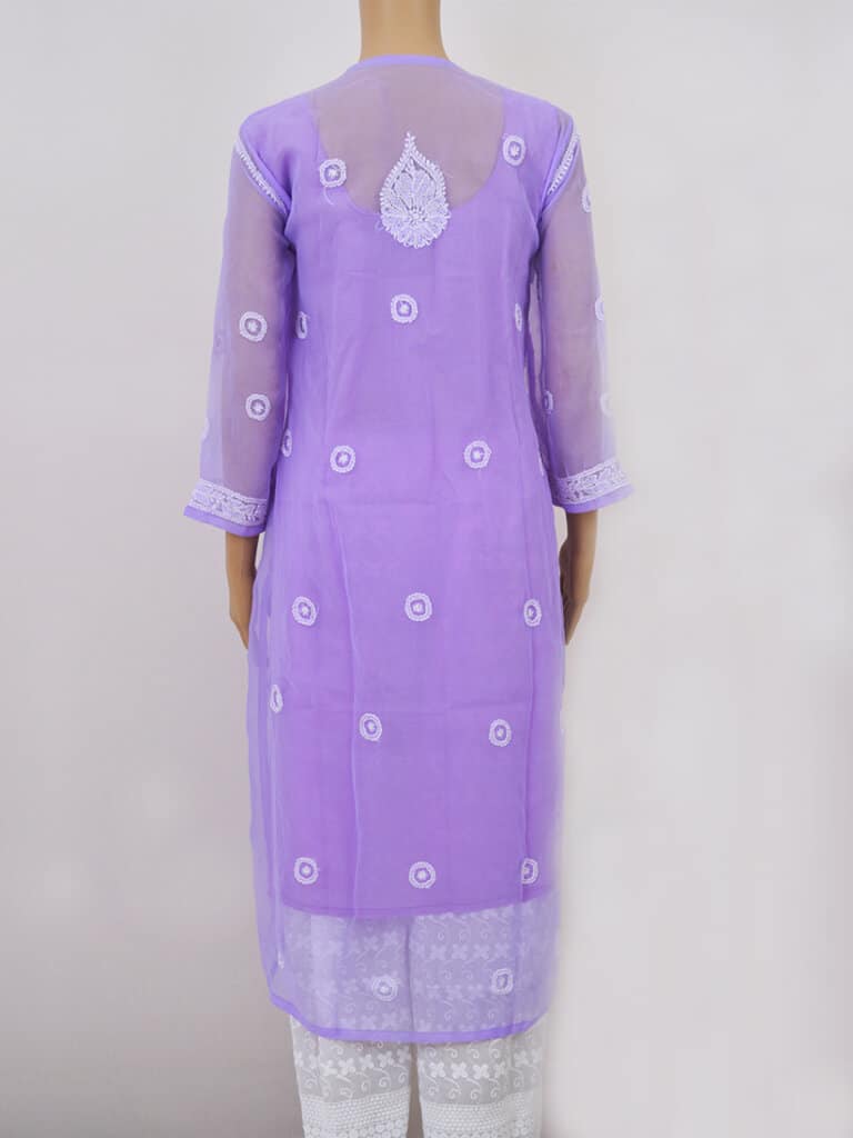 Women Purple Colour Lucknowi Chikankari Ring Jaal Kurti - Back Full